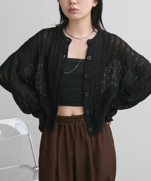 Aunt Marie's（アントマリーズ）の「クルーネックメッシュカーディガン（カーディガン/ボレロ・レディース・アイボリー/ブラック/ピンク・FREE）」の3枚目の写真