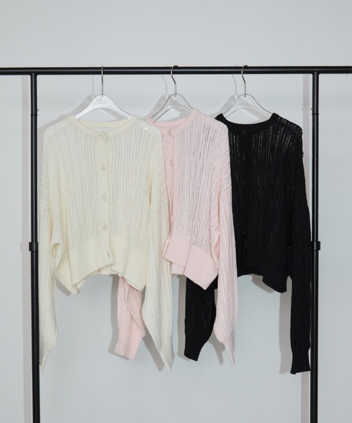 Aunt Marie's（アントマリーズ）の「クルーネックメッシュカーディガン（カーディガン/ボレロ・レディース・アイボリー/ブラック/ピンク・FREE）」の5枚目の写真