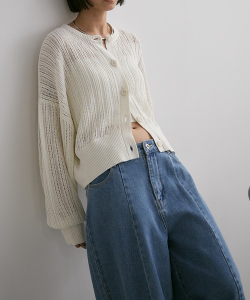 Aunt Marie's（アントマリーズ）の「クルーネックメッシュカーディガン（カーディガン/ボレロ・レディース・アイボリー/ブラック/ピンク・FREE）」の9枚目の写真