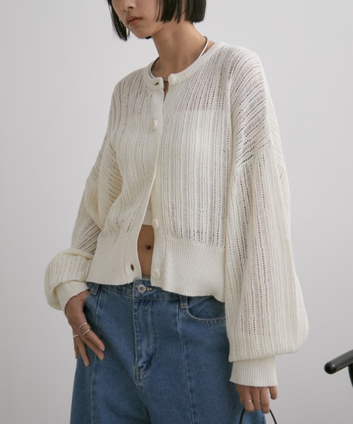 Aunt Marie's（アントマリーズ）の「クルーネックメッシュカーディガン（カーディガン/ボレロ・レディース・アイボリー/ブラック/ピンク・FREE）」の7枚目の写真