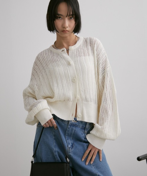 Aunt Marie's（アントマリーズ）の「クルーネックメッシュカーディガン（カーディガン/ボレロ・レディース・アイボリー/ブラック/ピンク・FREE）」の8枚目の写真