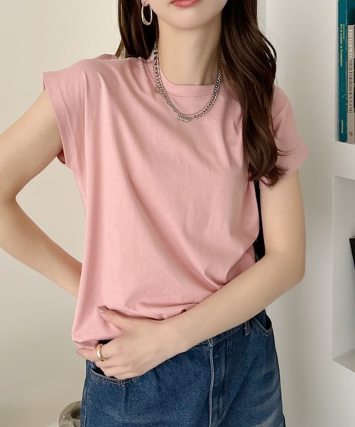 TREOVER(トレオーバー)の「フレンチスリーブ 半袖Tシャツ ラウンド裾 半袖 ロング丈 コットン100% 綿 ロンT チュニック ゆったり(Tシャツ/カットソー・レディース・ブラック/ブルーグレー/オフホワイト/チャコール/ベージュ/モカ/ピンク/スモーク/グリーン・FREE)」の8枚目の写真