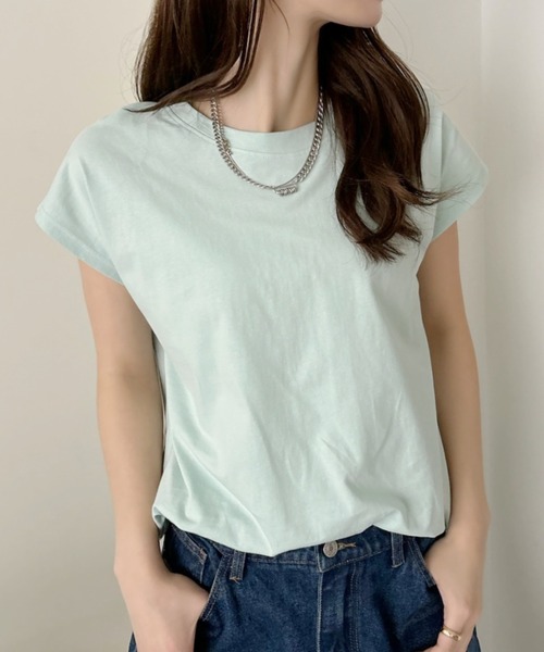 TREOVER(トレオーバー)の「フレンチスリーブ 半袖Tシャツ ラウンド裾 半袖 ロング丈 コットン100% 綿 ロンT チュニック ゆったり(Tシャツ/カットソー・レディース・ブラック/ブルーグレー/オフホワイト/チャコール/ベージュ/モカ/ピンク/スモーク/グリーン・FREE)」の7枚目の写真