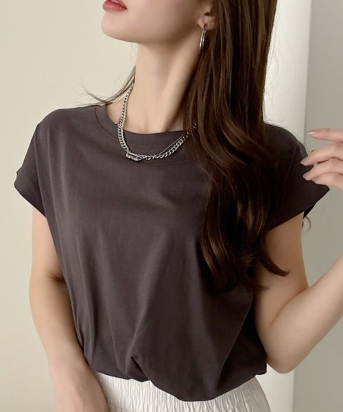 TREOVER(トレオーバー)の「フレンチスリーブ 半袖Tシャツ ラウンド裾 半袖 ロング丈 コットン100% 綿 ロンT チュニック ゆったり(Tシャツ/カットソー・レディース・ブラック/ブルーグレー/オフホワイト/チャコール/ベージュ/モカ/ピンク/スモーク/グリーン・FREE)」の4枚目の写真