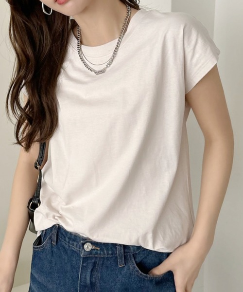TREOVER(トレオーバー)の「フレンチスリーブ 半袖Tシャツ ラウンド裾 半袖 ロング丈 コットン100% 綿 ロンT チュニック ゆったり(Tシャツ/カットソー・レディース・ブラック/ブルーグレー/オフホワイト/チャコール/ベージュ/モカ/ピンク/スモーク/グリーン・FREE)」の9枚目の写真