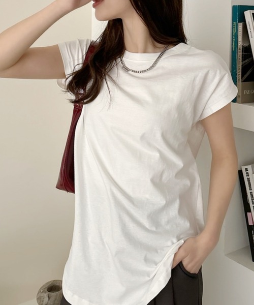 TREOVER(トレオーバー)の「フレンチスリーブ 半袖Tシャツ ラウンド裾 半袖 ロング丈 コットン100% 綿 ロンT チュニック ゆったり(Tシャツ/カットソー・レディース・ブラック/ブルーグレー/オフホワイト/チャコール/ベージュ/モカ/ピンク/スモーク/グリーン・FREE)」の10枚目の写真