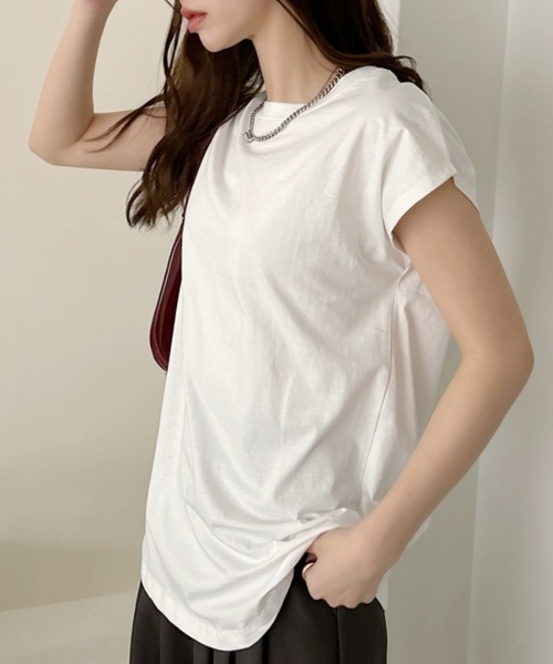 TREOVER(トレオーバー)の「フレンチスリーブ 半袖Tシャツ ラウンド裾 半袖 ロング丈 コットン100% 綿 ロンT チュニック ゆったり(Tシャツ/カットソー・レディース・ブラック/ブルーグレー/オフホワイト/チャコール/ベージュ/モカ/ピンク/スモーク/グリーン・FREE)」の11枚目の写真