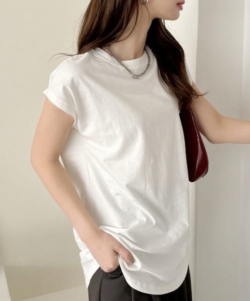 TREOVER(トレオーバー)の「フレンチスリーブ 半袖Tシャツ ラウンド裾 半袖 ロング丈 コットン100% 綿 ロンT チュニック ゆったり(Tシャツ/カットソー・レディース・ブラック/ブルーグレー/オフホワイト/チャコール/ベージュ/モカ/ピンク/スモーク/グリーン・FREE)」の12枚目の写真