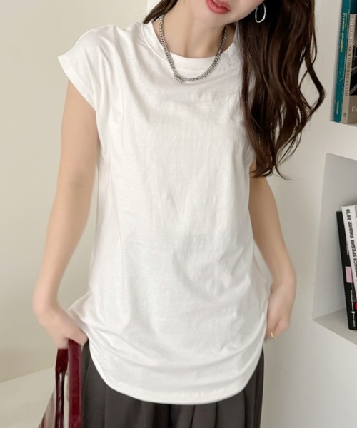 TREOVER(トレオーバー)の「フレンチスリーブ 半袖Tシャツ ラウンド裾 半袖 ロング丈 コットン100% 綿 ロンT チュニック ゆったり(Tシャツ/カットソー・レディース・ブラック/ブルーグレー/オフホワイト/チャコール/ベージュ/モカ/ピンク/スモーク/グリーン・FREE)」の13枚目の写真
