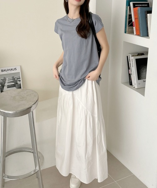 TREOVER(トレオーバー)の「フレンチスリーブ 半袖Tシャツ ラウンド裾 半袖 ロング丈 コットン100% 綿 ロンT チュニック ゆったり(Tシャツ/カットソー・レディース・ブラック/ブルーグレー/オフホワイト/チャコール/ベージュ/モカ/ピンク/スモーク/グリーン・FREE)」の20枚目の写真