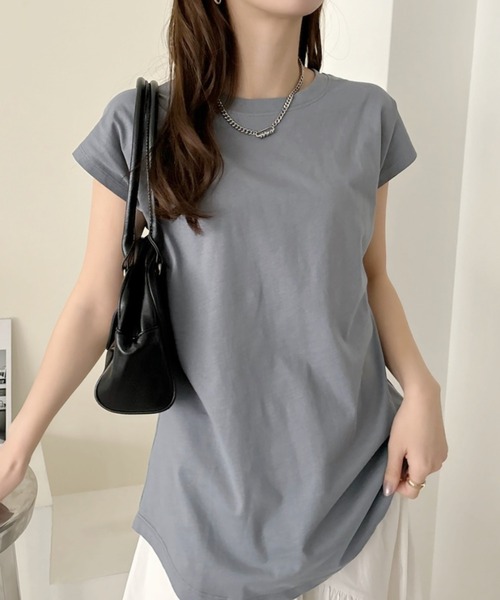 TREOVER(トレオーバー)の「フレンチスリーブ 半袖Tシャツ ラウンド裾 半袖 ロング丈 コットン100% 綿 ロンT チュニック ゆったり(Tシャツ/カットソー・レディース・ブラック/ブルーグレー/オフホワイト/チャコール/ベージュ/モカ/ピンク/スモーク/グリーン・FREE)」の22枚目の写真