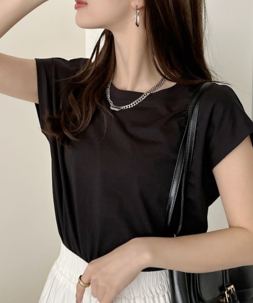 TREOVER(トレオーバー)の「フレンチスリーブ 半袖Tシャツ ラウンド裾 半袖 ロング丈 コットン100% 綿 ロンT チュニック ゆったり(Tシャツ/カットソー・レディース・ブラック/ブルーグレー/オフホワイト/チャコール/ベージュ/モカ/ピンク/スモーク/グリーン・FREE)」の19枚目の写真