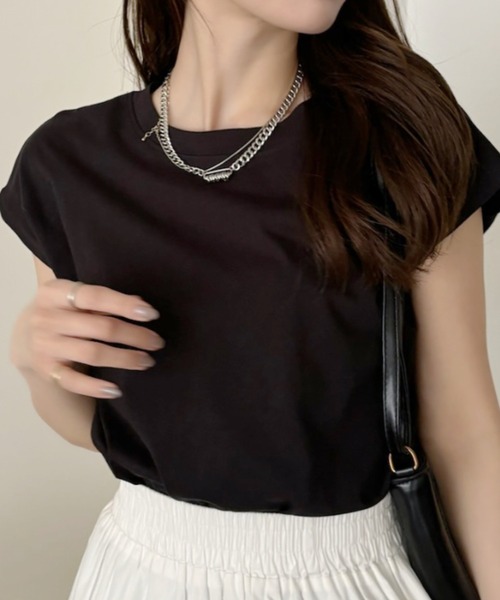 TREOVER(トレオーバー)の「フレンチスリーブ 半袖Tシャツ ラウンド裾 半袖 ロング丈 コットン100% 綿 ロンT チュニック ゆったり(Tシャツ/カットソー・レディース・ブラック/ブルーグレー/オフホワイト/チャコール/ベージュ/モカ/ピンク/スモーク/グリーン・FREE)」の17枚目の写真