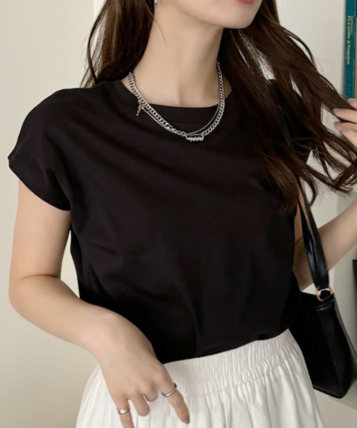 TREOVER(トレオーバー)の「フレンチスリーブ 半袖Tシャツ ラウンド裾 半袖 ロング丈 コットン100% 綿 ロンT チュニック ゆったり(Tシャツ/カットソー・レディース・ブラック/ブルーグレー/オフホワイト/チャコール/ベージュ/モカ/ピンク/スモーク/グリーン・FREE)」の18枚目の写真