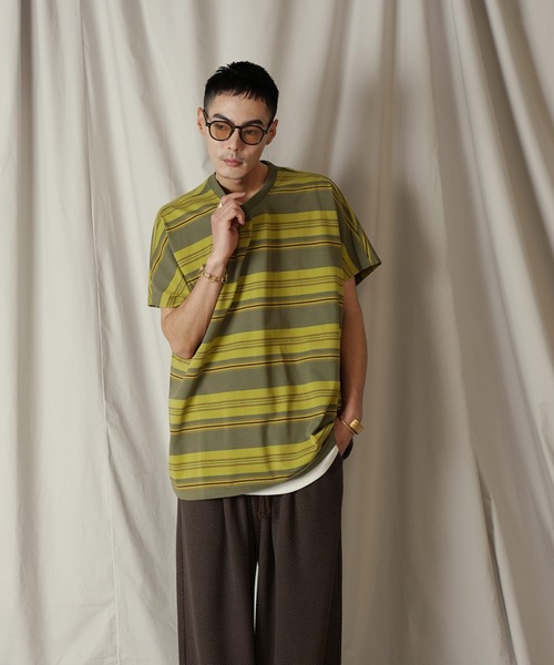 Aphlotus（アプロタス）の「クルーネック BOX クラシック マルチボーダー カットソー（Tシャツ/カットソー・メンズ・グリーン/ネイビー・LARGE/MEDIUM/SMALL）」の3枚目の写真