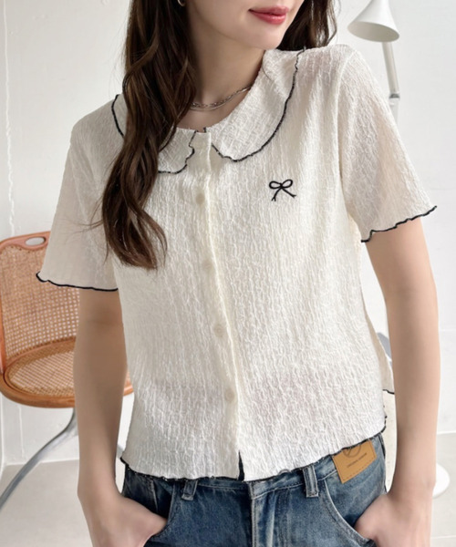 Ada.(エイダ)の「リボンデザイン パイピング丸襟 半袖ジャガードブラウス(Tシャツ/カットソー・レディース・ブラック/ホワイト・FREE)」の9枚目の写真