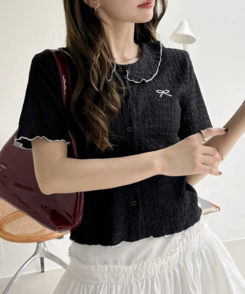 Ada.(エイダ)の「リボンデザイン パイピング丸襟 半袖ジャガードブラウス(Tシャツ/カットソー・レディース・ブラック/ホワイト・FREE)」の14枚目の写真