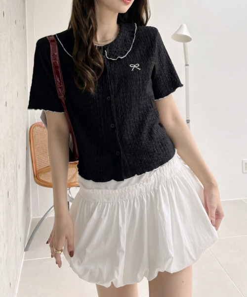 Ada.(エイダ)の「リボンデザイン パイピング丸襟 半袖ジャガードブラウス(Tシャツ/カットソー・レディース・ブラック/ホワイト・FREE)」の16枚目の写真