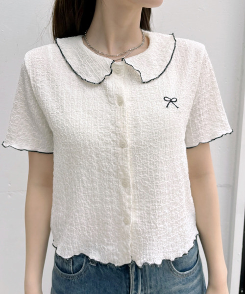Ada.(エイダ)の「リボンデザイン パイピング丸襟 半袖ジャガードブラウス(Tシャツ/カットソー・レディース・ブラック/ホワイト・FREE)」の19枚目の写真