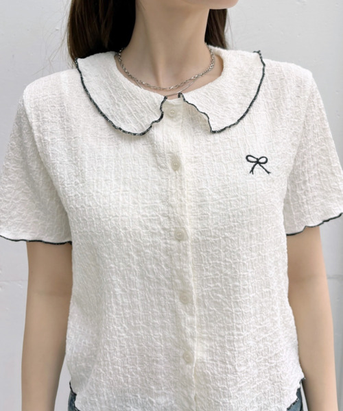 Ada.(エイダ)の「リボンデザイン パイピング丸襟 半袖ジャガードブラウス(Tシャツ/カットソー・レディース・ブラック/ホワイト・FREE)」の20枚目の写真