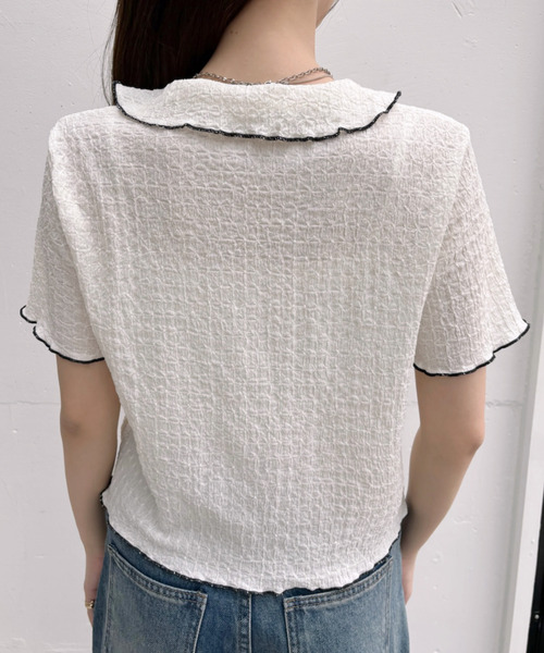 Ada.(エイダ)の「リボンデザイン パイピング丸襟 半袖ジャガードブラウス(Tシャツ/カットソー・レディース・ブラック/ホワイト・FREE)」の21枚目の写真