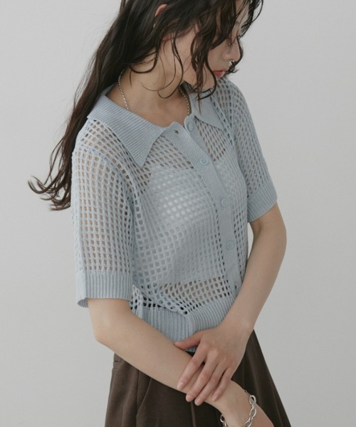 Aunt Marie's（アントマリーズ）の「メッシュポロトップス /カーディガン（ニット/セーター・レディース・アイボリー/ライトブルー/ピンク/ネイビー/ブラウン/ブラック・FREE）」の16枚目の写真