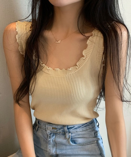 PRIVATE  BEACH（プライベートビーチ）の「フリルメロウタンクトップ（タンクトップ・レディース・カーキ/ピンク/ホワイト/パープル/ベージュ/ブラック・FREE）」の18枚目の写真