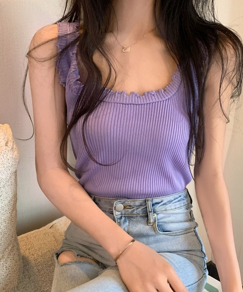 PRIVATE  BEACH（プライベートビーチ）の「フリルメロウタンクトップ（タンクトップ・レディース・カーキ/ピンク/ホワイト/パープル/ベージュ/ブラック・FREE）」の7枚目の写真