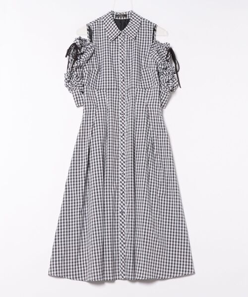 LANVIN en Bleu シャドーチェック オープンショルダー ワンピース LANVIN en Bleu シャドーチェックオープンショルダーワンピース