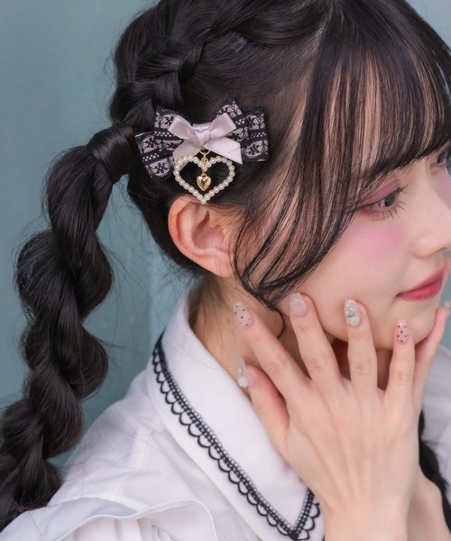配色レースダブルリボンクリップSET（バレッタ/ヘアクリップ