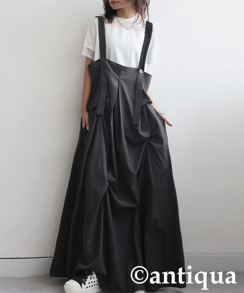 antiqua(アンティカ)の「タックデザインサロペットスカート(ワンピース・レディース・ブラック・ONESIZE)」の1枚目の写真