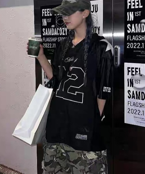芽風　センソユニコ トップス　Tシャツ　カットソー　デザイン　ブラック 芽風 センソユニコ オーバー 半袖 カットソー 黒色 チェック柄 M