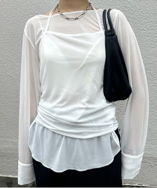 Ameri アメリ COTTON SILK HALTER TOP ホワイト HALTER NECK LONG SLEEVE SET TOP（Tシャツ/カットソー）｜Ameri