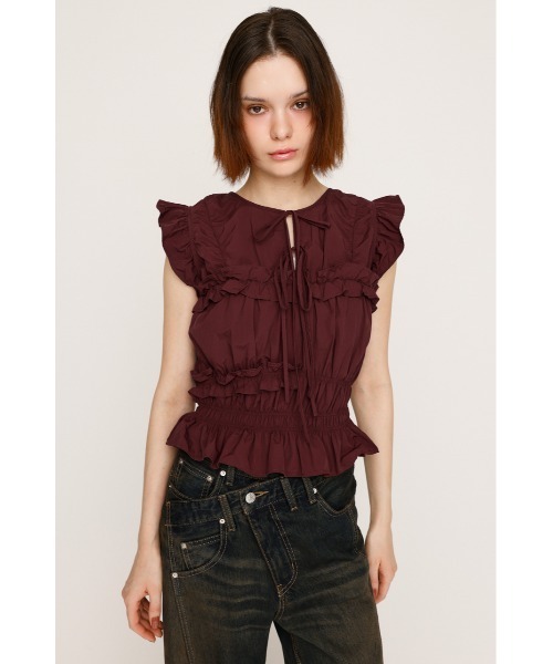 SLY(スライ)の「FRILL 2WAY RIBBON BL フリル 2ウェイ リボン ブラウス 夏服 秋服 ノースリーブトップス(シャツ/ブラウス・レディース・バーガンディー/ブラック/オフホワイト・FREE)」の21枚目の写真