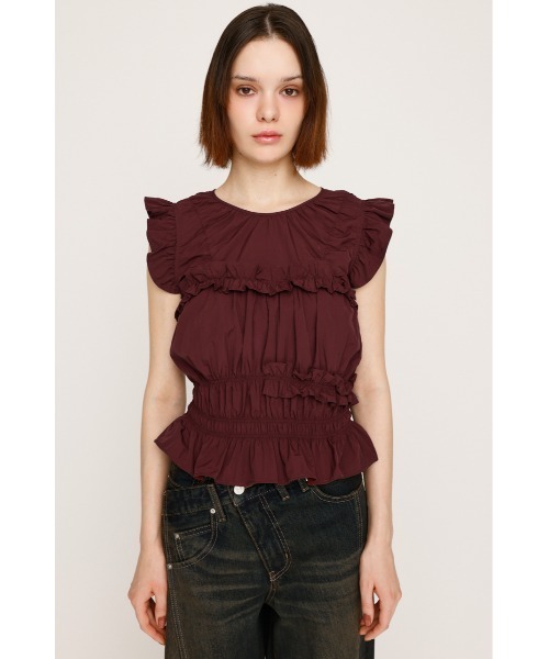 SLY(スライ)の「FRILL 2WAY RIBBON BL フリル 2ウェイ リボン ブラウス 夏服 秋服 ノースリーブトップス(シャツ/ブラウス・レディース・バーガンディー/ブラック/オフホワイト・FREE)」の4枚目の写真