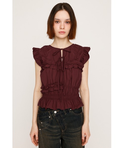SLY(スライ)の「FRILL 2WAY RIBBON BL フリル 2ウェイ リボン ブラウス 夏服 秋服 ノースリーブトップス(シャツ/ブラウス・レディース・バーガンディー/ブラック/オフホワイト・FREE)」の7枚目の写真