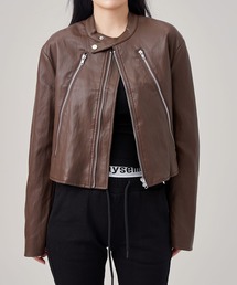 Lace Ladies（レースレディース）の「バンドカラー レザー調 コンパクト ジップアップ ジャケット（ライダースジャケット）」