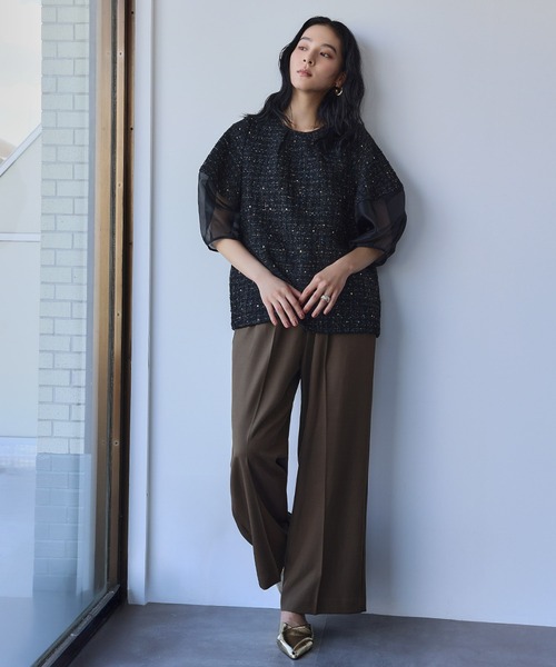 エルフランク（ELFRANK）/シアー切替え ランタンスリーブ ツイード ブラウス セール】【2025AW】シアー切替え ランタンスリーブ ツイード ブラウス