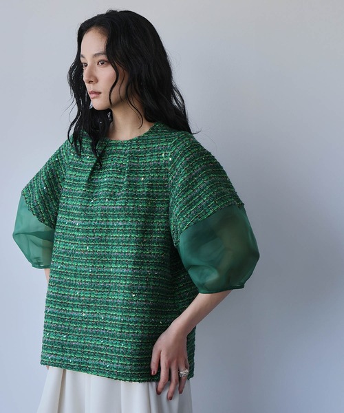 セール】【2025AW】シアー切替え ランタンスリーブ ツイード ブラウス