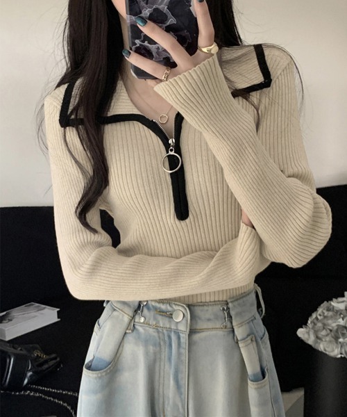 Miniministore(ミニミニストア)の「ニットトップス ファスナー付き 無地(ニット/セーター・レディース・ブラウン/ダークグレー/ベージュ・FREE)」の3枚目の写真