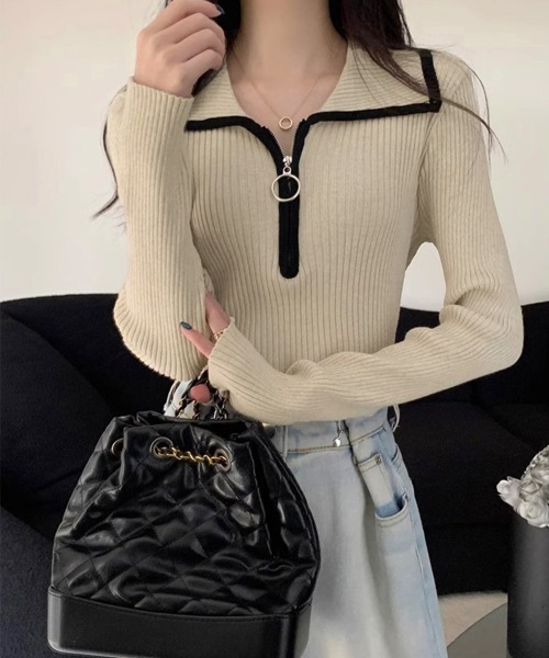 Miniministore(ミニミニストア)の「ニットトップス ファスナー付き 無地(ニット/セーター・レディース・ブラウン/ダークグレー/ベージュ・FREE)」の4枚目の写真