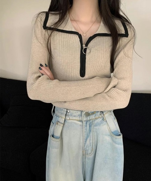 Miniministore(ミニミニストア)の「ニットトップス ファスナー付き 無地(ニット/セーター・レディース・ブラウン/ダークグレー/ベージュ・FREE)」の6枚目の写真