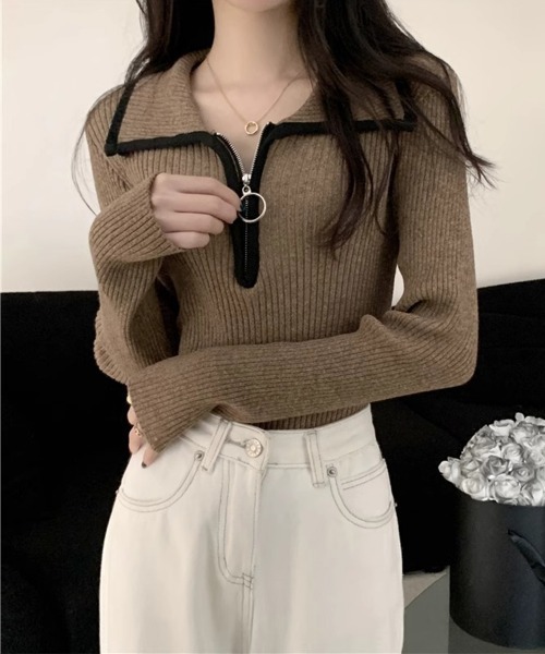 Miniministore(ミニミニストア)の「ニットトップス ファスナー付き 無地(ニット/セーター・レディース・ブラウン/ダークグレー/ベージュ・FREE)」の9枚目の写真