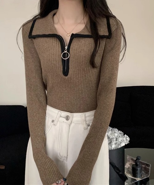 Miniministore(ミニミニストア)の「ニットトップス ファスナー付き 無地(ニット/セーター・レディース・ブラウン/ダークグレー/ベージュ・FREE)」の10枚目の写真