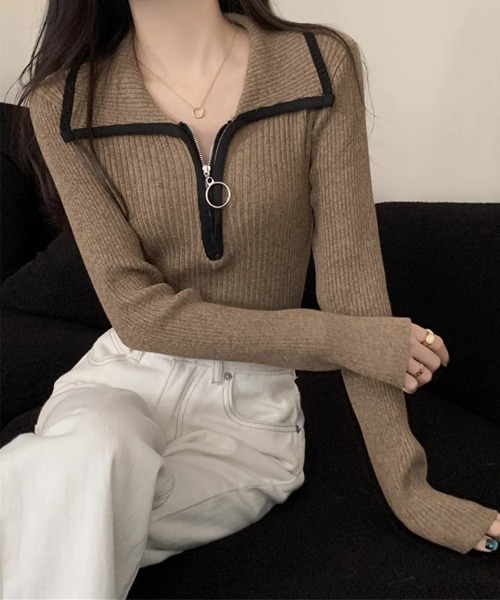 Miniministore(ミニミニストア)の「ニットトップス ファスナー付き 無地(ニット/セーター・レディース・ブラウン/ダークグレー/ベージュ・FREE)」の11枚目の写真