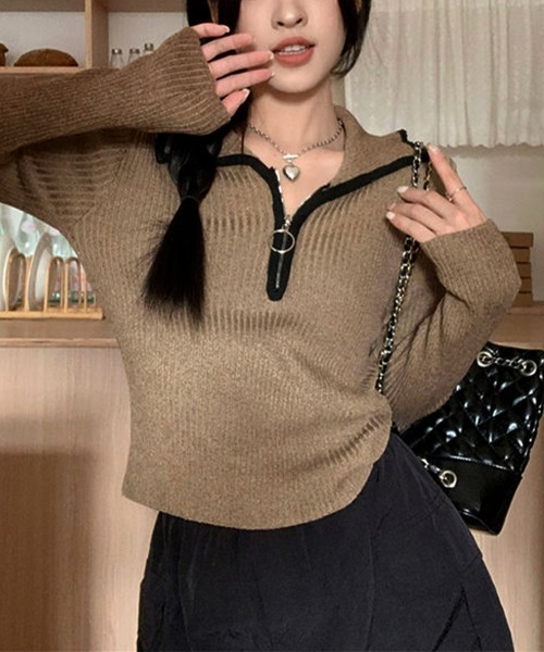 Miniministore(ミニミニストア)の「ニットトップス ファスナー付き 無地(ニット/セーター・レディース・ブラウン/ダークグレー/ベージュ・FREE)」の15枚目の写真