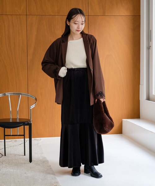 WEB・一部店舗限定/2サイズ展開/低身長サイズ】ベロア裾フレアスカート