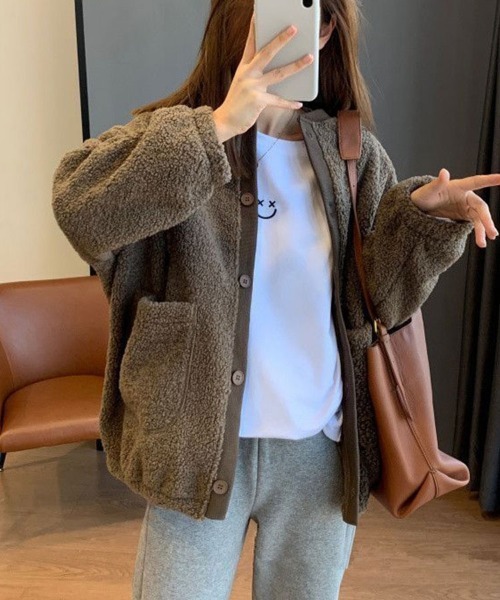 SallyLunn（サリーラン）の「もこもこニットカーディガン（Tシャツ/カットソー・レディース・ネイビー/ブラウン・MEDIUM/LARGE）」の5枚目の写真