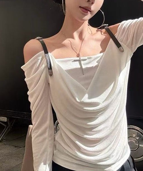 gossip!ロサンゼルス(ゴシップロサンゼルス)の「ベルトストラップ ドレープトップス(Tシャツ/カットソー・レディース・ホワイト・S/M)」の3枚目の写真