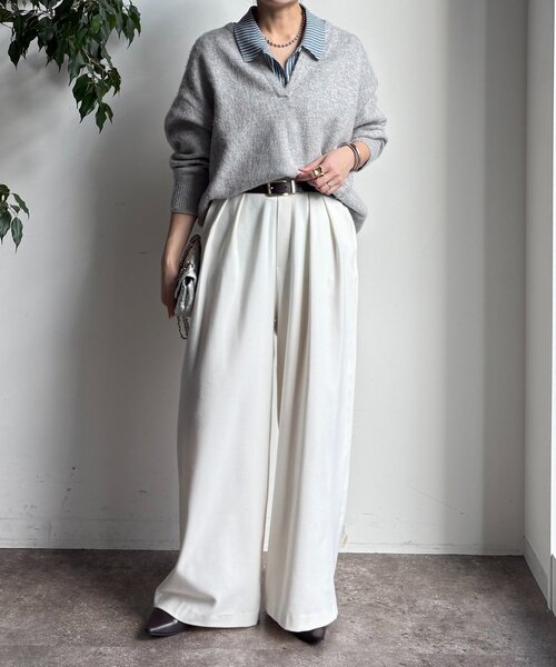 DouDou(ドゥドゥ)の「ウォームタックワイドパンツ(その他パンツ・レディース・ブラウン/ブラック/オフホワイト/グレー/ブラック系その他/ライトグレー/グレイッシュベージュ/ホワイト・38/36)」の9枚目の写真